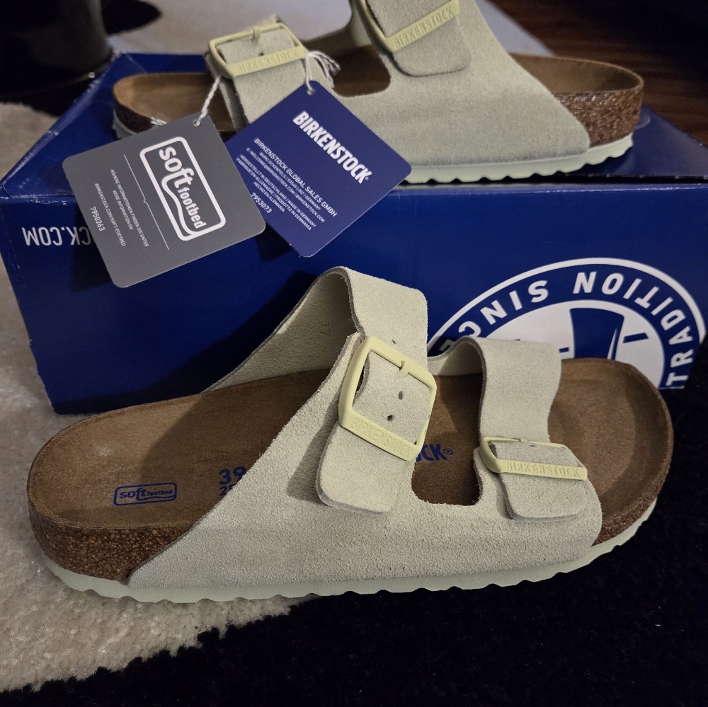 BIRKENSTOCK ARIZONA BS NARROW FIT SOFTBED ' FADED LIME' SLIDE